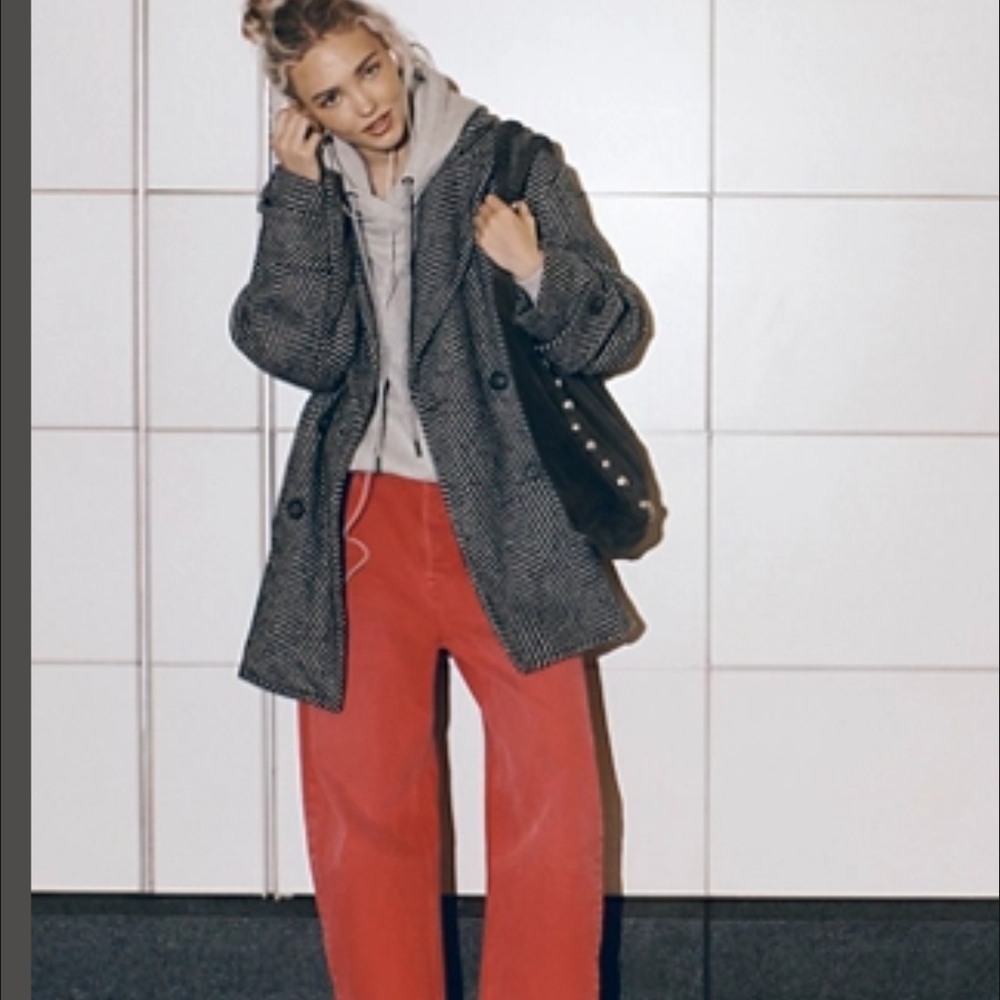 Free People Black & Gray Herringbone Pea Coat